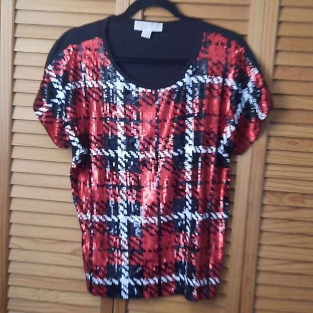 Michael Michael Kors Red Black White Plaid Sequin Cap Sleeve Tshirt Size Small